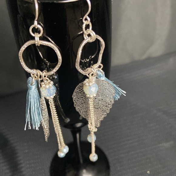 Jewelry - Silver tone Hoop Earrings with Leaves &Tassels 💕​